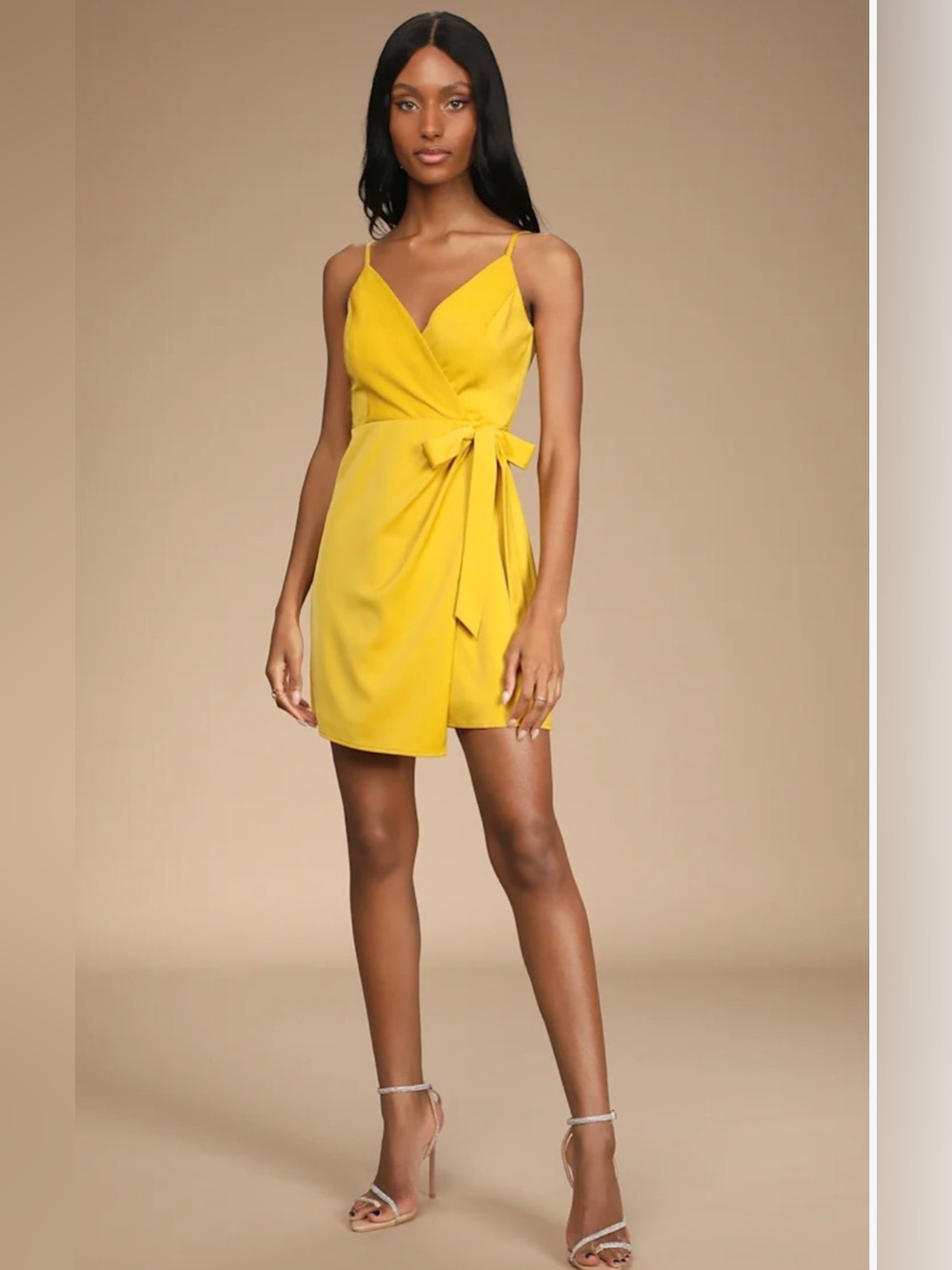 Lulu’s Joyful Disposition Yellow Satin Faux-Wrap Mini Dress size M
